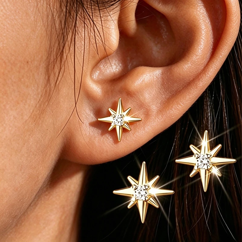 Gold + Silver Star Zircon Stud Earrings 2 Pack | Exquisite and Compact | Unisex | Daily Vacation Dating Gifts