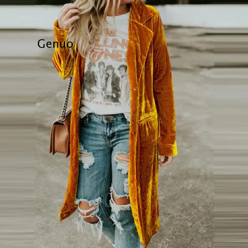 New Fashion Fall Winter Women Lapel Cardigan Buttons Long Jacket Casual Solid Color Golden Velvet Office Lady Elegant Soft Coats