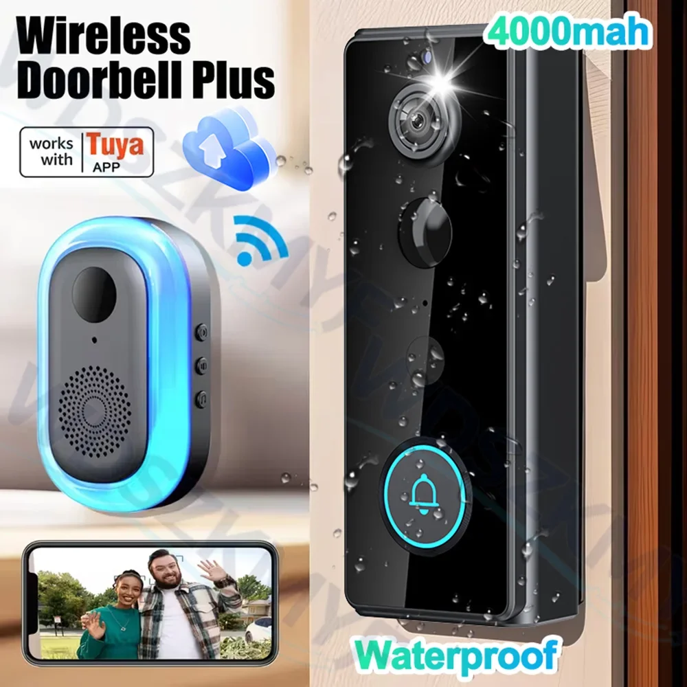 Tuya 2.4G WiFi Video Doorbell with 4000mAh 1080P Wireless Bell Tuya APP Smart Intercom Camera IP65 Waterproof Ring Bell