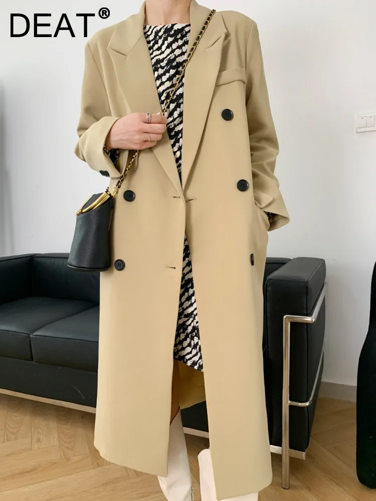 

DEAT Fashion Women's Long Blazer Notched Collar Long Sleeves Double Breasted Loose Suit Jackets Autumn 2024 New Tide 7AB4841