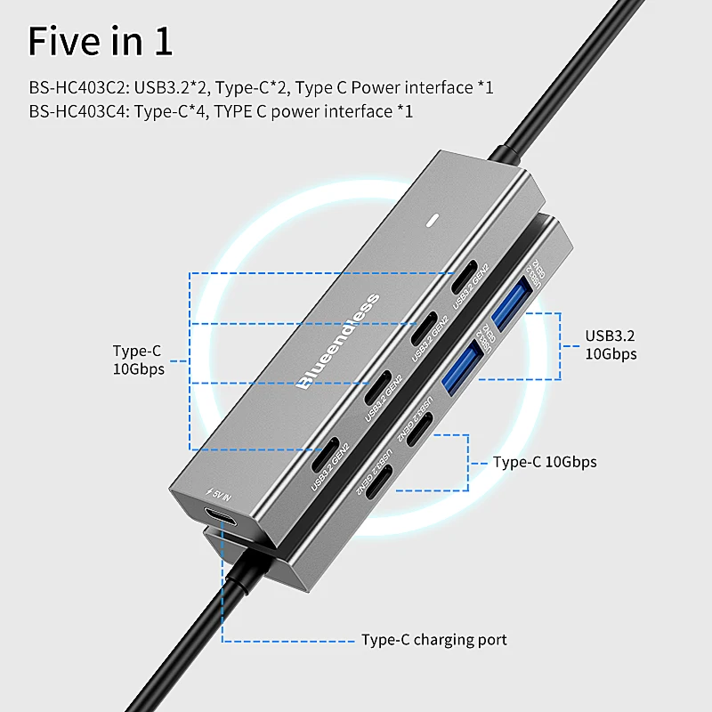 Blueendless Type c 4-portowy adapter USB 3.2 gen 2 10 Gb/s Szybki adapter USB c 4 w 1 do mobilnego laptopa Adapter 5V Ładowarka HUB