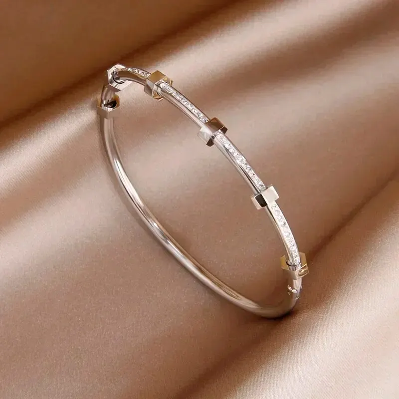 Trendy Round Cubic Zirconia Bangles For Women Men Gold Color Silver Color Stainless Steel Crystal Bangle Party Jewelry