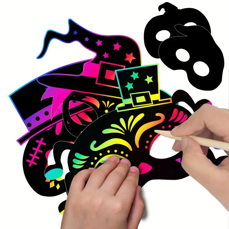 Halloween Scratch Paper Art Costume Accessories Rainbow Scratch Paper Scratch Paint Face Cover DIY Face Cover Crafts