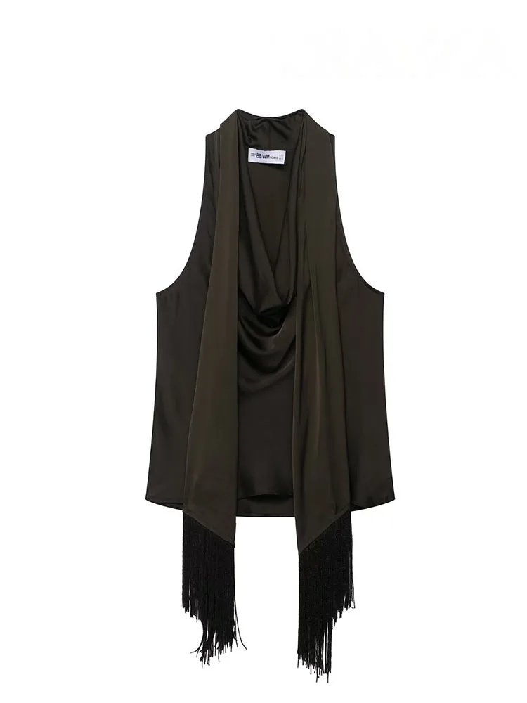 

HH женские новые модные сексуальные топы черные свободный воротник без рукавов с кисточками украшения женские летние тонкие шикарные короткие топы