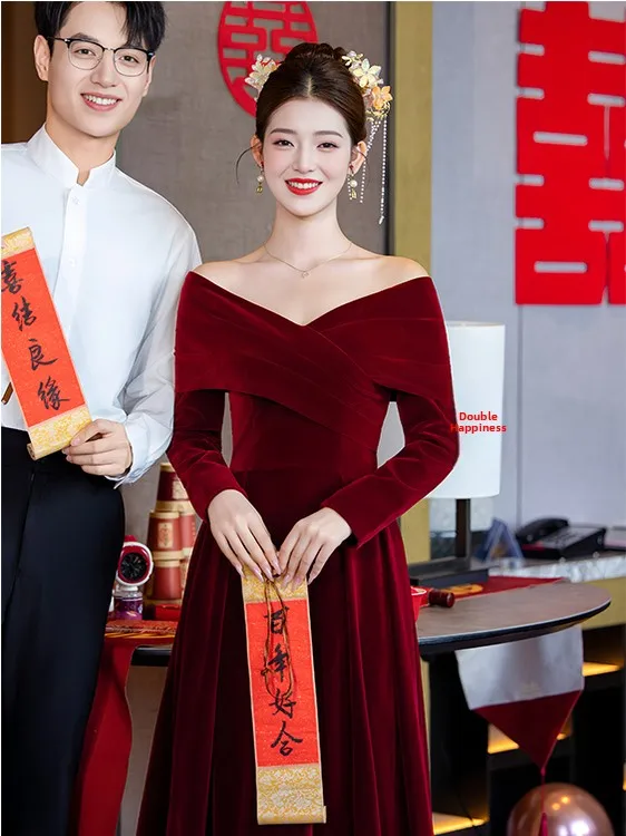 

Red Velvet One oulder Long Sve Dr Wedding Engagement Par Wear Ele A-Line Skirt Long Dr for Young Women