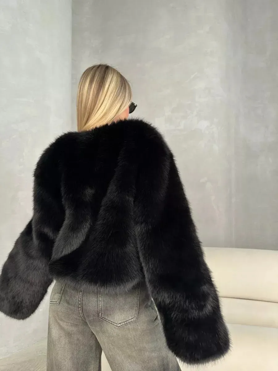 Women Faux Fur Coats Solid Short Jackets Long Sleeve Round Neck Open Stitch Thick Straight Fit Elegant Casual 2026 Autumn Winter