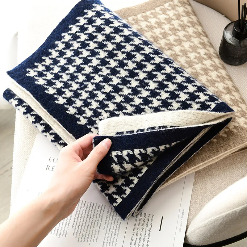 

High Quality 100% Cashmere Scarf, Women's Qianniao Grid Warm Scarf, Fashionable Knitted Checkered Scarf, Autumn And Winter