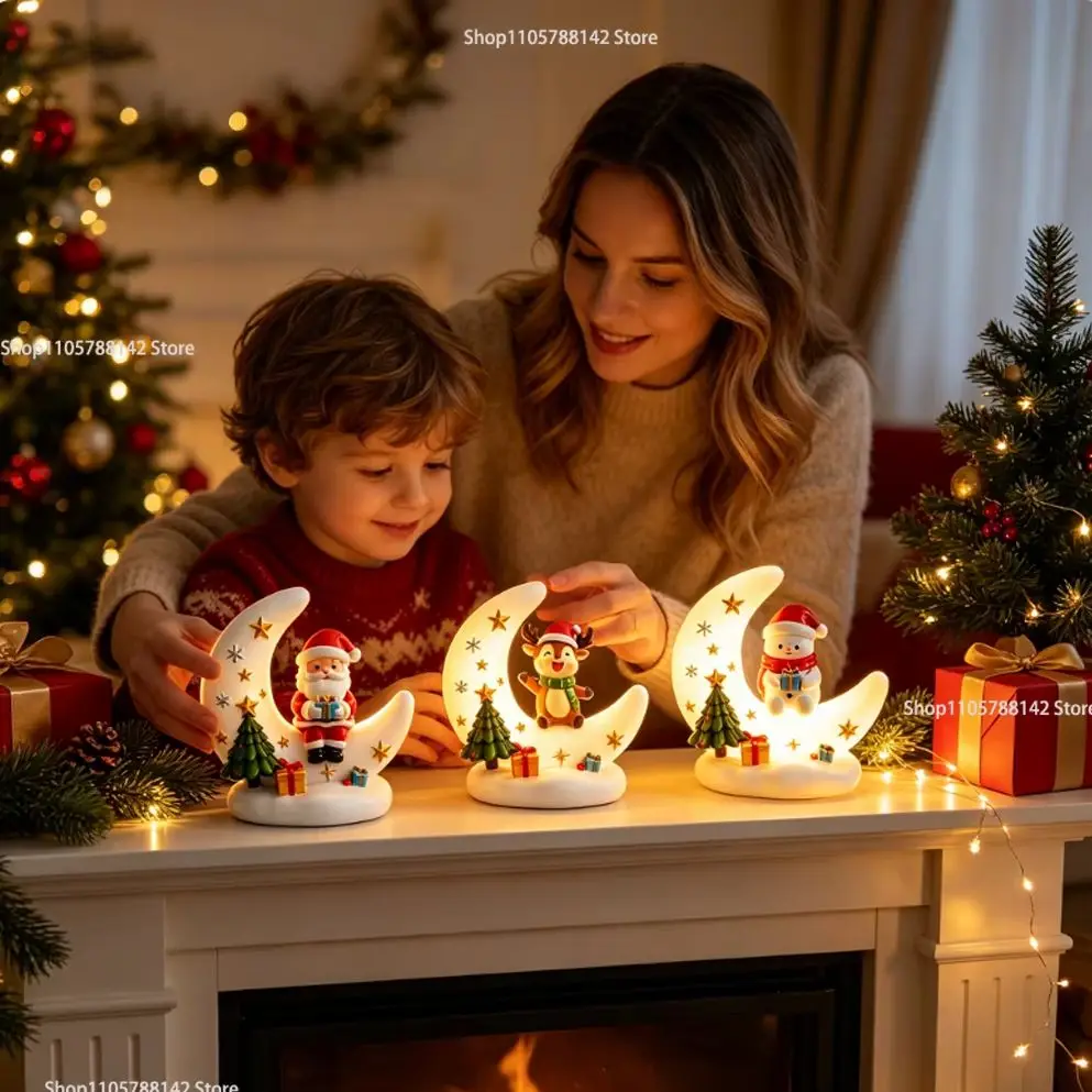 Christmas Snowman Moon Figurine, Resin Christmas Night Light with Warm White Glow Ornament Festive Holiday Desktop