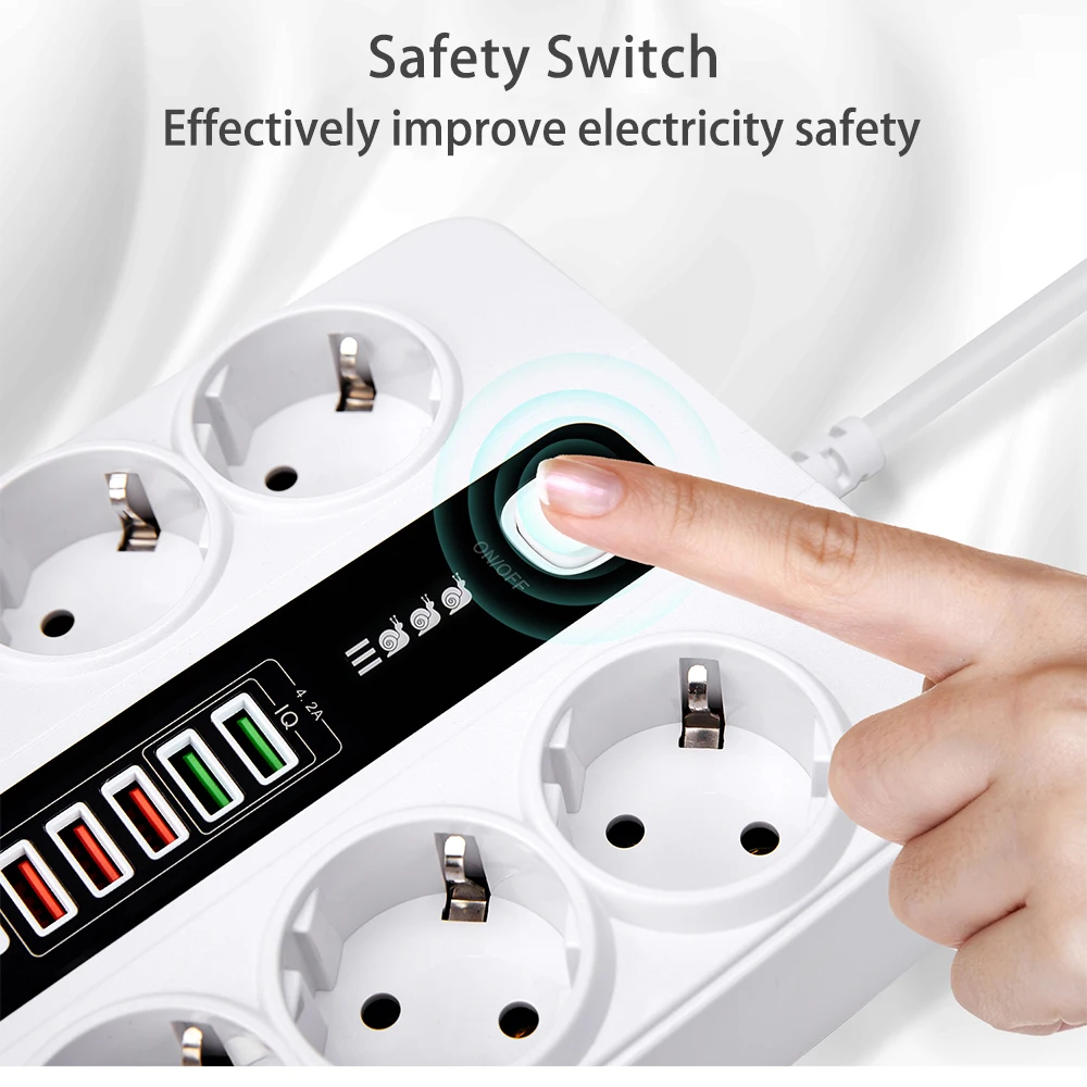 Power Strip With USB EU Plug Socket Extension Cable With USB C Power Plug Adapter Charger for Home, Office, Computer, TV