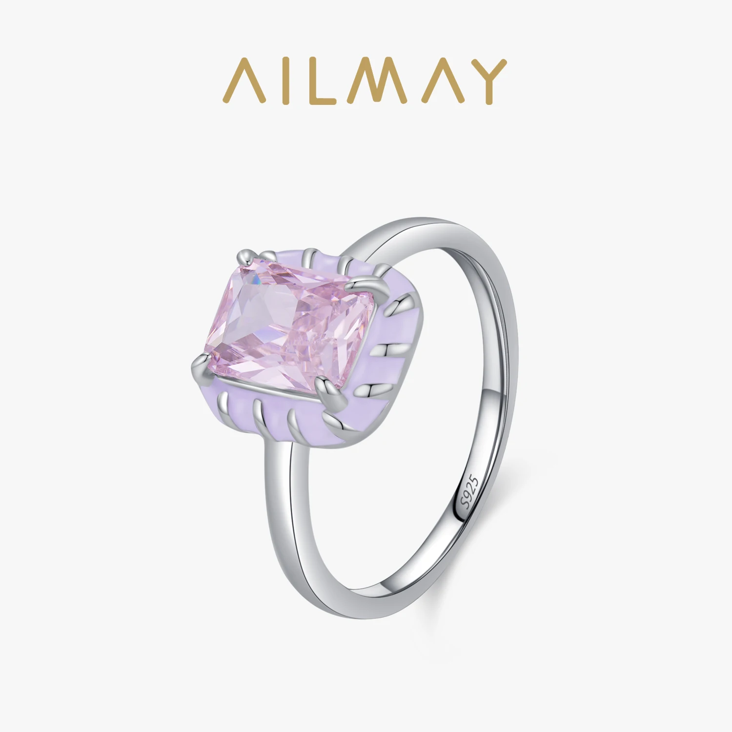 Ailmay High Quality 925 Sterling Silver Romantic Pink Zirconia Enamel Finger Ring For Women Wedding Engagement Fine Jewelry