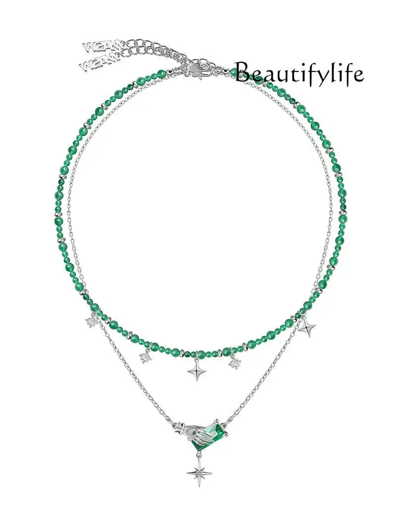 Design light luxury creative beaded double-layer clavicle chain niche high-end green zircon necklace