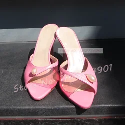 Pink Pvc Open Pointy Toe Mules With Pearl Women Elegant Party Fancy Sexy Dress Shoes Female Party Leather Splicing Slippers