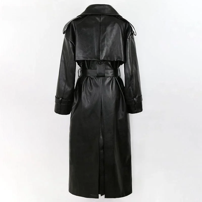 Autumn Winter Long Red Black Pu Leather Trench Coat for Women Double Breasted Luxury Elegant Chic Overcoat