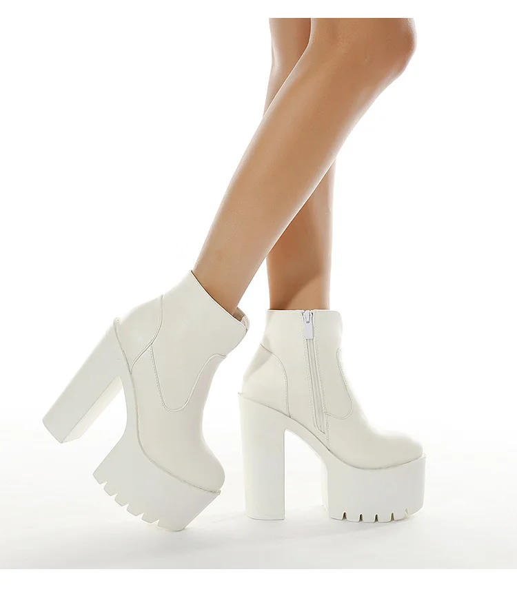 

Sexy Chunky High Heels Ankle Shoes For Women Punk Style Zipper Thick Platform Elasticity Microfiber Boots Sapatos Femininos