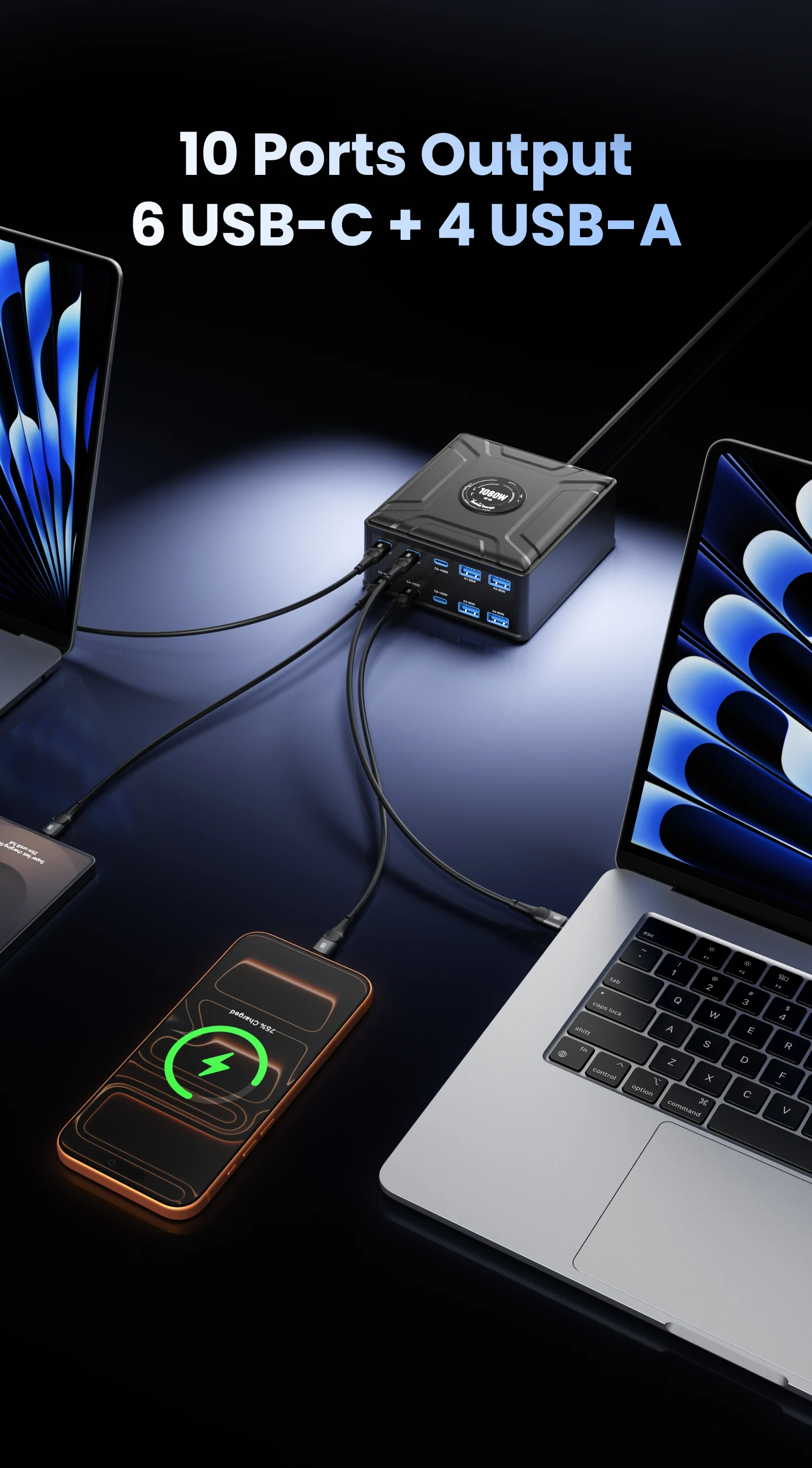 10-Port-GaN-USB-Typ-C-Ladegerät 140W PD3.1 PPS QC4.0 100W Multiport-Schnellladestation für iPhone 17 Samsung Laptop Macbook – Detail 5