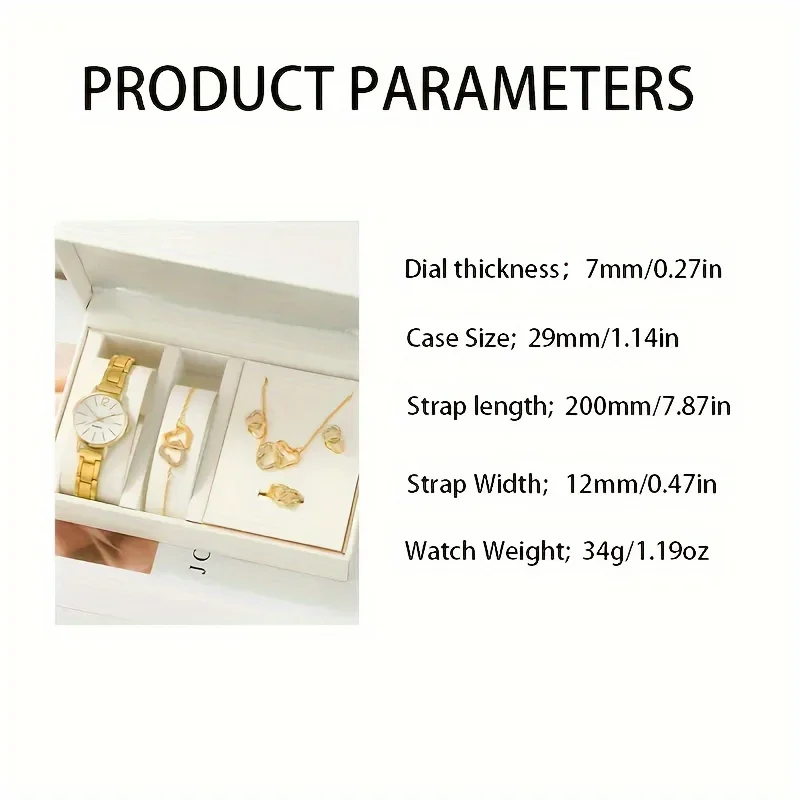 6ชิ้น/ชุดนาฬิกาผู้หญิงนาฬิกาควอตซ์สีทองหรูหราและชุดเครื่องประดับพลอยเทียมหัวใจของขวัญวาเลนไทน์สำหรับผู้หญิง