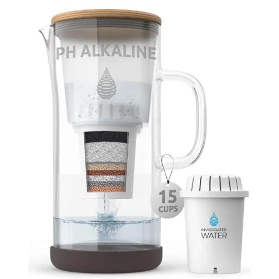 

pH Restore Glass Alkaline Water Pitcher - Long Lasting Water Filter Pitcher with Multi-Stage Filtration System - Glass Water Ju