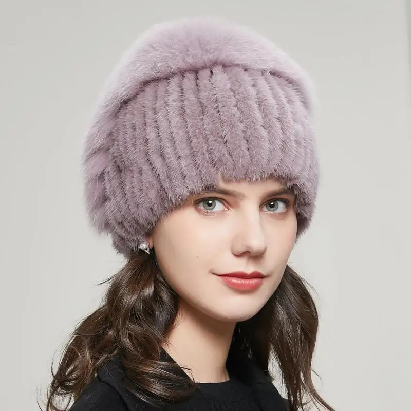 JKP Women Winter Mink Fur Hat Real Fox Fur Knitted Cap Female Russian Warm Woolen Hat High-Quality Lady Fashion Hat 20GYR-02