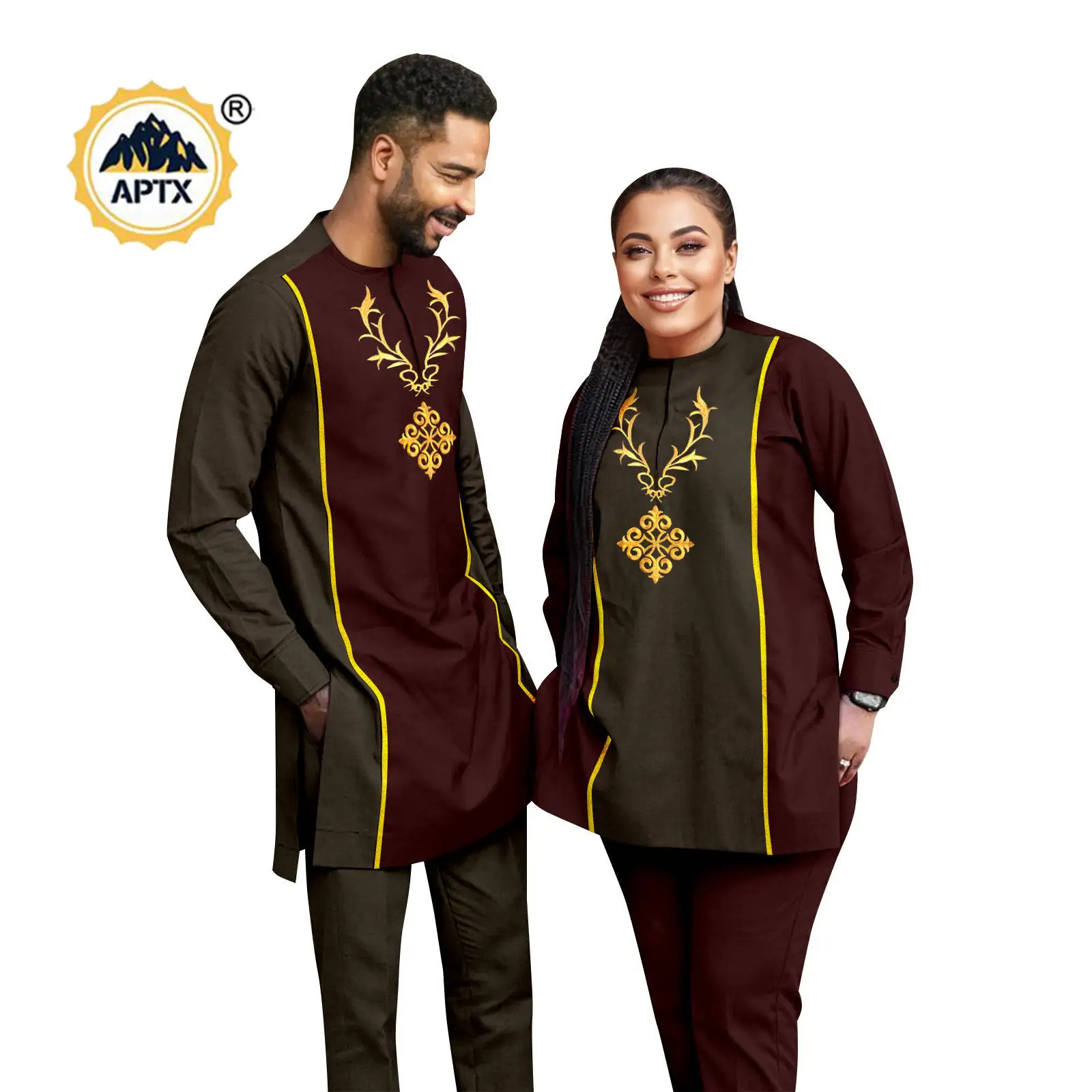 Bazin Riche 아프리카 여성 패치 워크 의류 매칭 커플 의상 Dashiki Kaftan 남성 아플리케 탑과 바지 세트 25C029