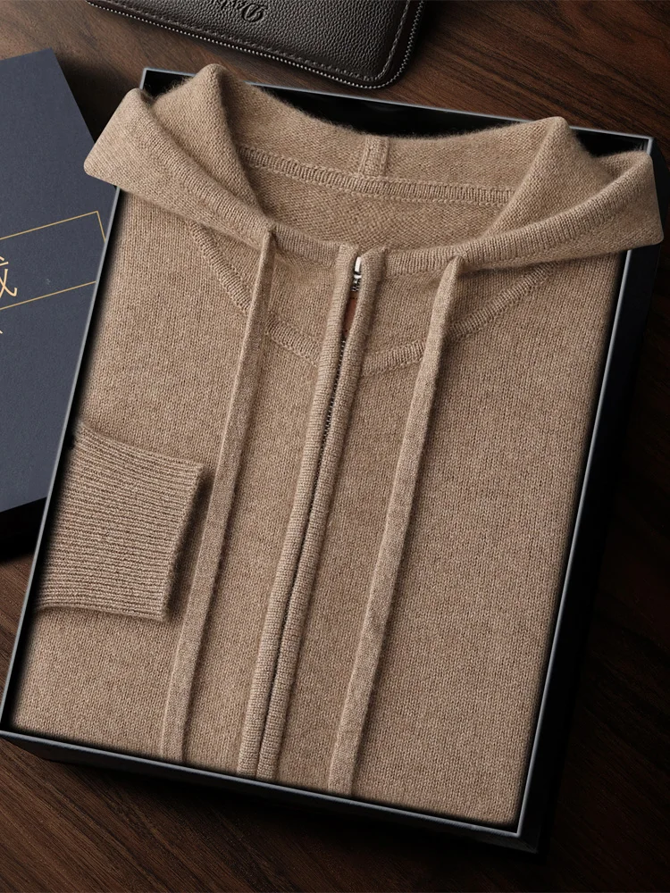 Simple High Quality Casual Neat Style Hooded Cardigan Sweater Autumn Winter 100% Cashmere Men's Soft Warm Knitted Clothing Tops