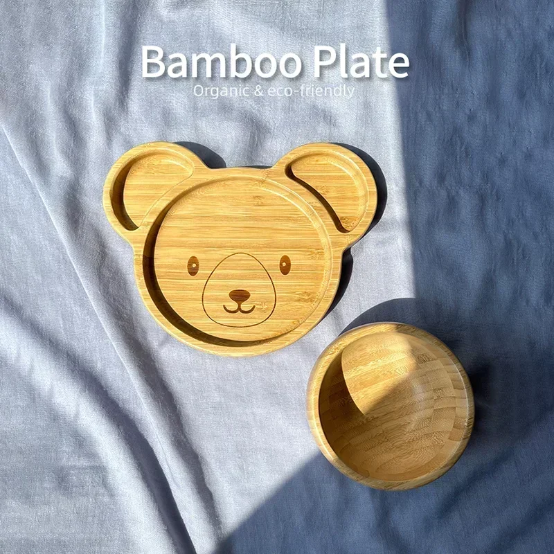 Children\'s Animal Pattern Bamboo Tableware with Base Suction Cup Baby Feeding Tableware Bamboo Plate Dinner Plate BPA Non-slip