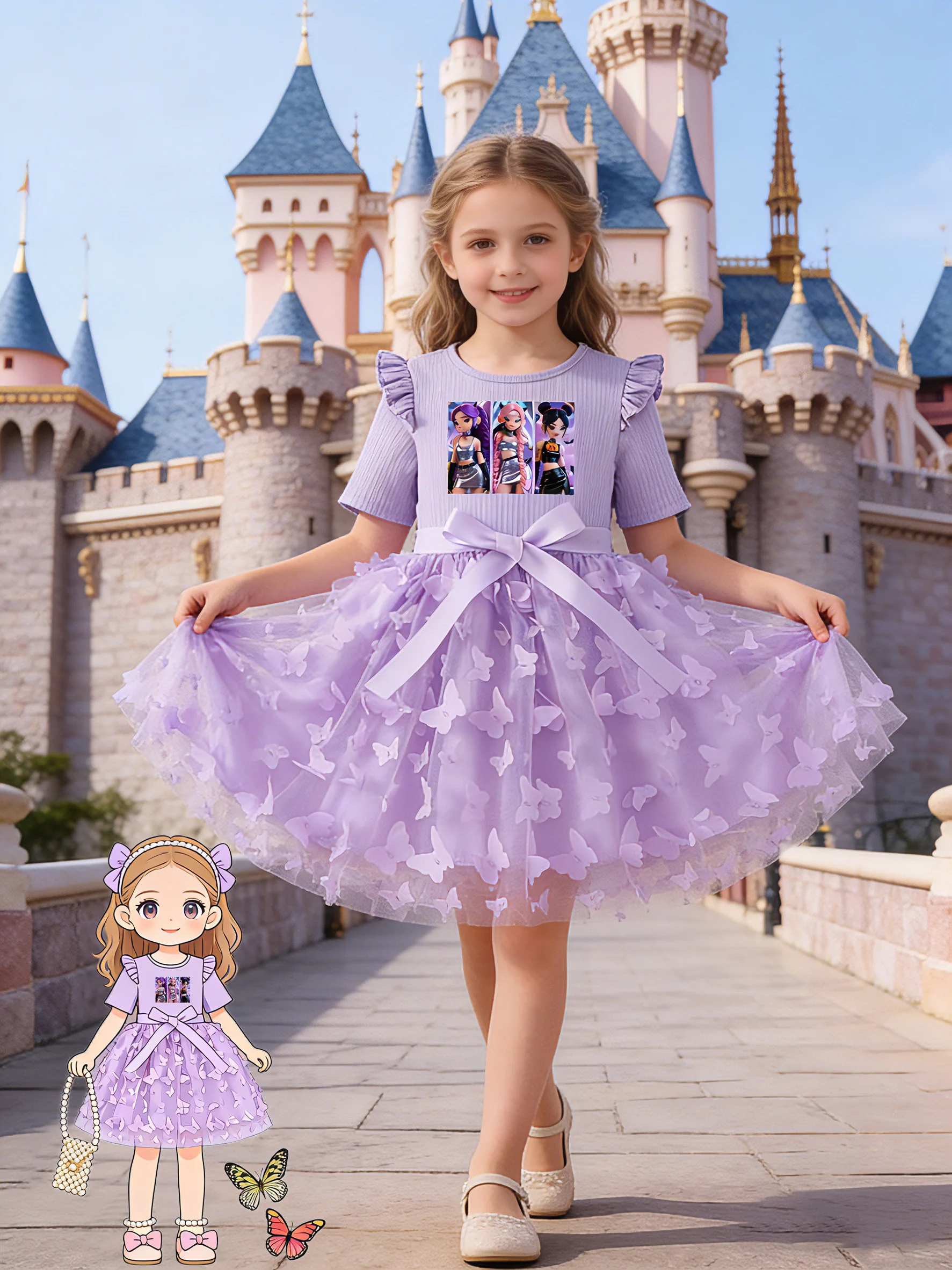 

Girls Ins Style Dress, Ribbed Flutter Sleeve Top + 3D Butterfly Tulle Skirt Hem