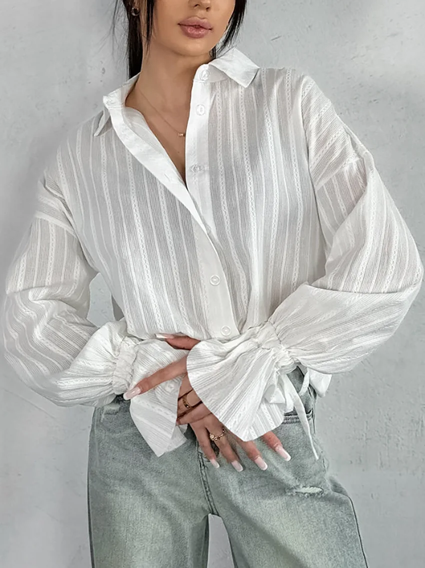 Spring Autumn 2024 Cotton Shirt Women Blouse Dobby Turn-down Collar Flare Sleeve Lace-up Career OL White Shirt Top 49904