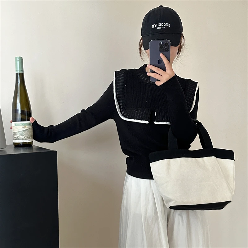 Pull pulls femmes col rond manches évasées légèrement extensible coréen bureau dame printemps et automne décontracté quotidien femme tricoté hauts