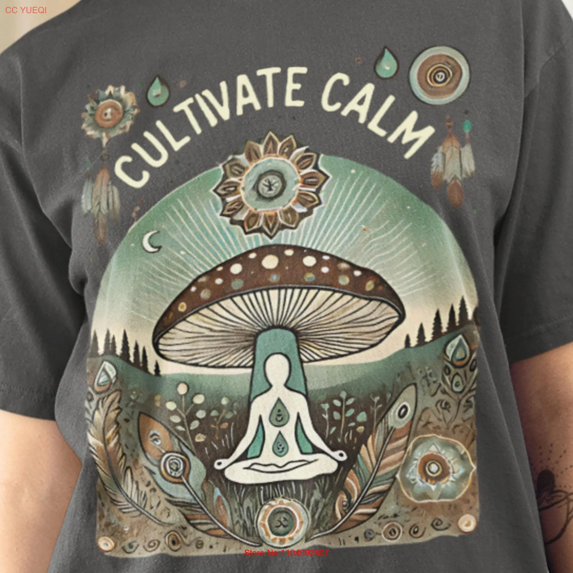 Cultivate Calm T Shirt Boho Mushroom Meditation Relaxed Fit Cotton for Yoga Enthusiast Mindfulness Her