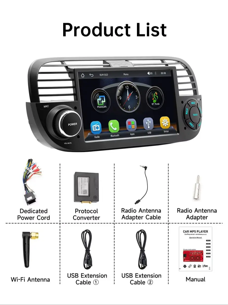 Car Stereo Radio MP5 Multimedia Player Wireless Carplay Android Auto BT 5.0 AM FM RDS BWC For Fiat 500 2007-2015 Car Head Unit