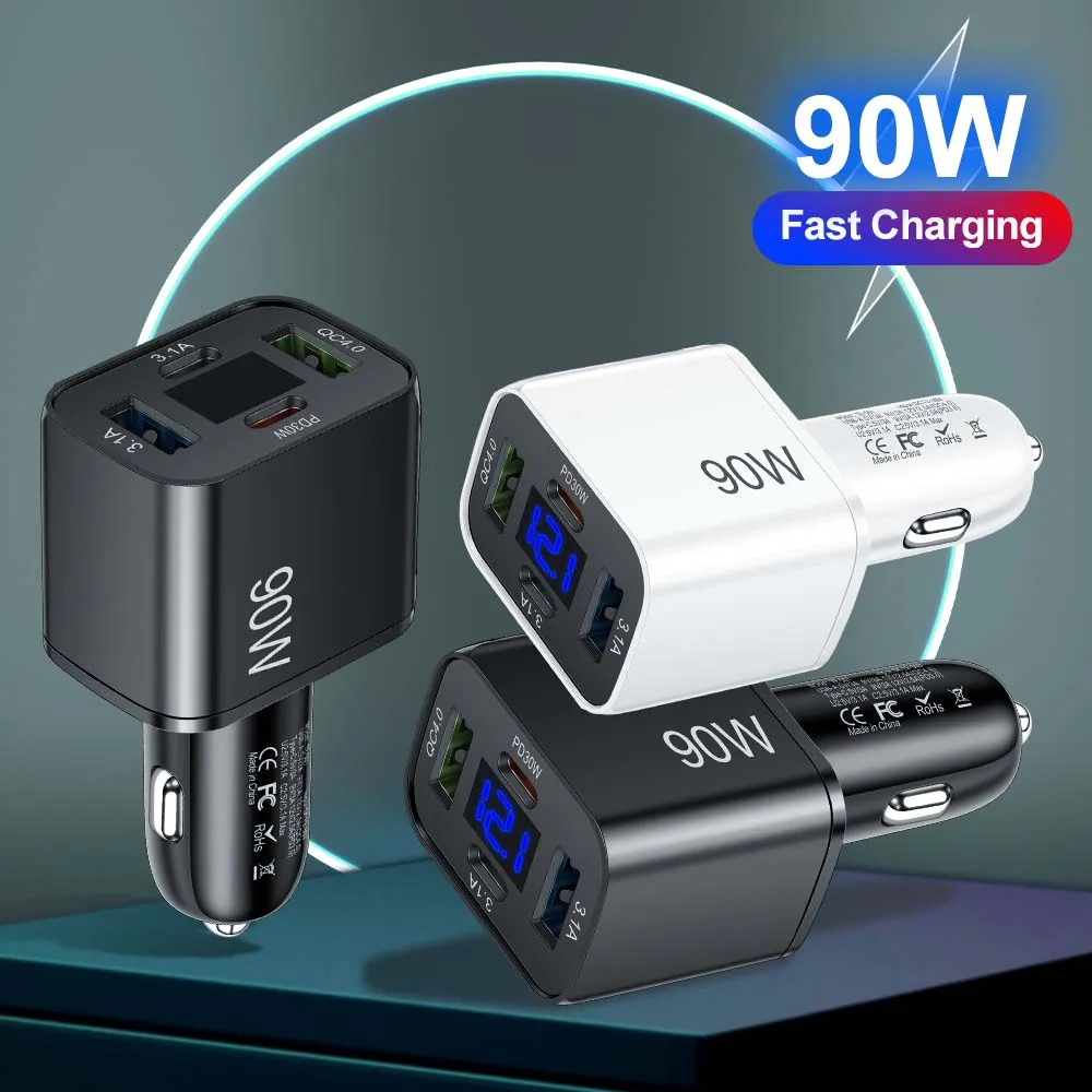 4 in 1 USB C Car Charger Adapter with Voltage Monitor Fast Charging in Car for iPhone Samsung Vivo OPPO Oneplus Mobile Phones