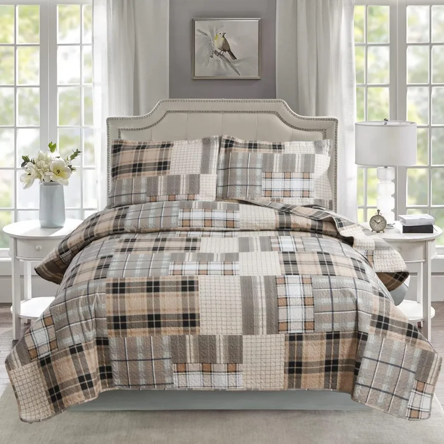 

3Piece Brown Plaid Bedspread Sets Quilts Queen Size Sets Plaid Quilts Bedding Sets Reversible Lightweight Stripe Coverlet Grid