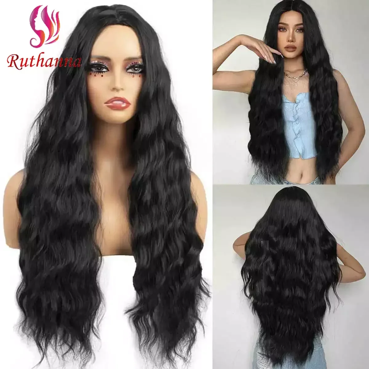 Body Wave Synthetic Hair Wigs For Women Long Black Color Middle Part Full Head Covers Chemical Fiber Simulated Hair 26 Inch