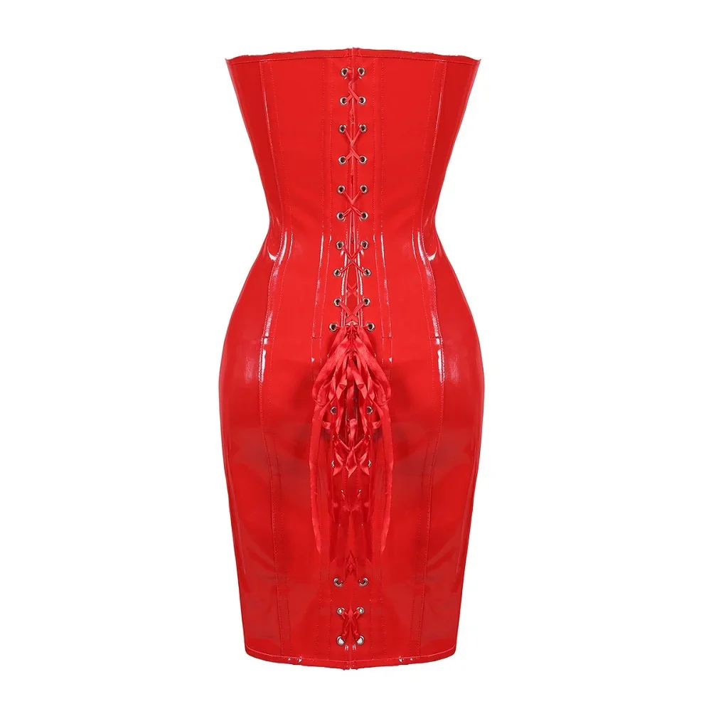 Red Gothic Corset Dress Waist Cincher Black PVC Corset Steampunk Lace Up Bustier Dress Bodycon Corselet Overbust Leather Dress