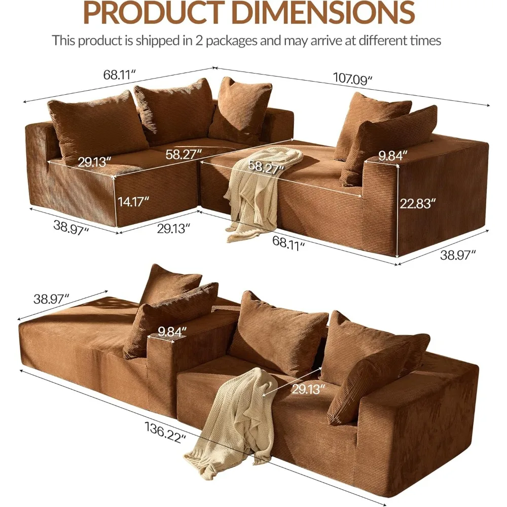 108”Modular Sectional Sofa, Modern Couch with Left Chaise, Cloud 3-Seater Deep Sectional with 4 Pillows