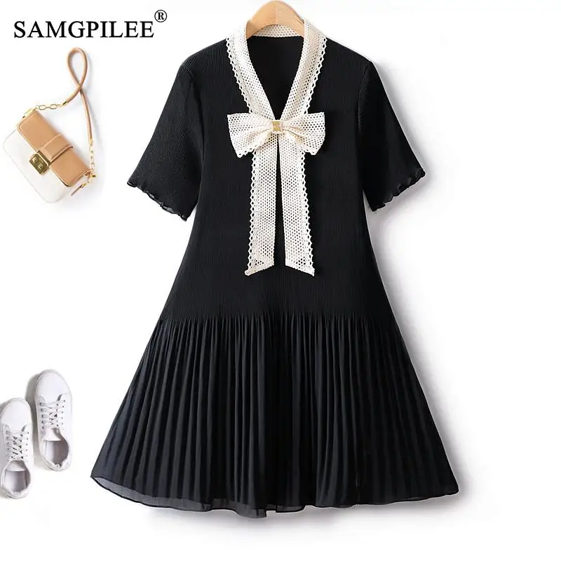 

Female Dress 2023 European Summer V Neck Crochet Bow Slim Pinch Pleated Chiffon Mid Length Elegant And Pretty Women's Dresses