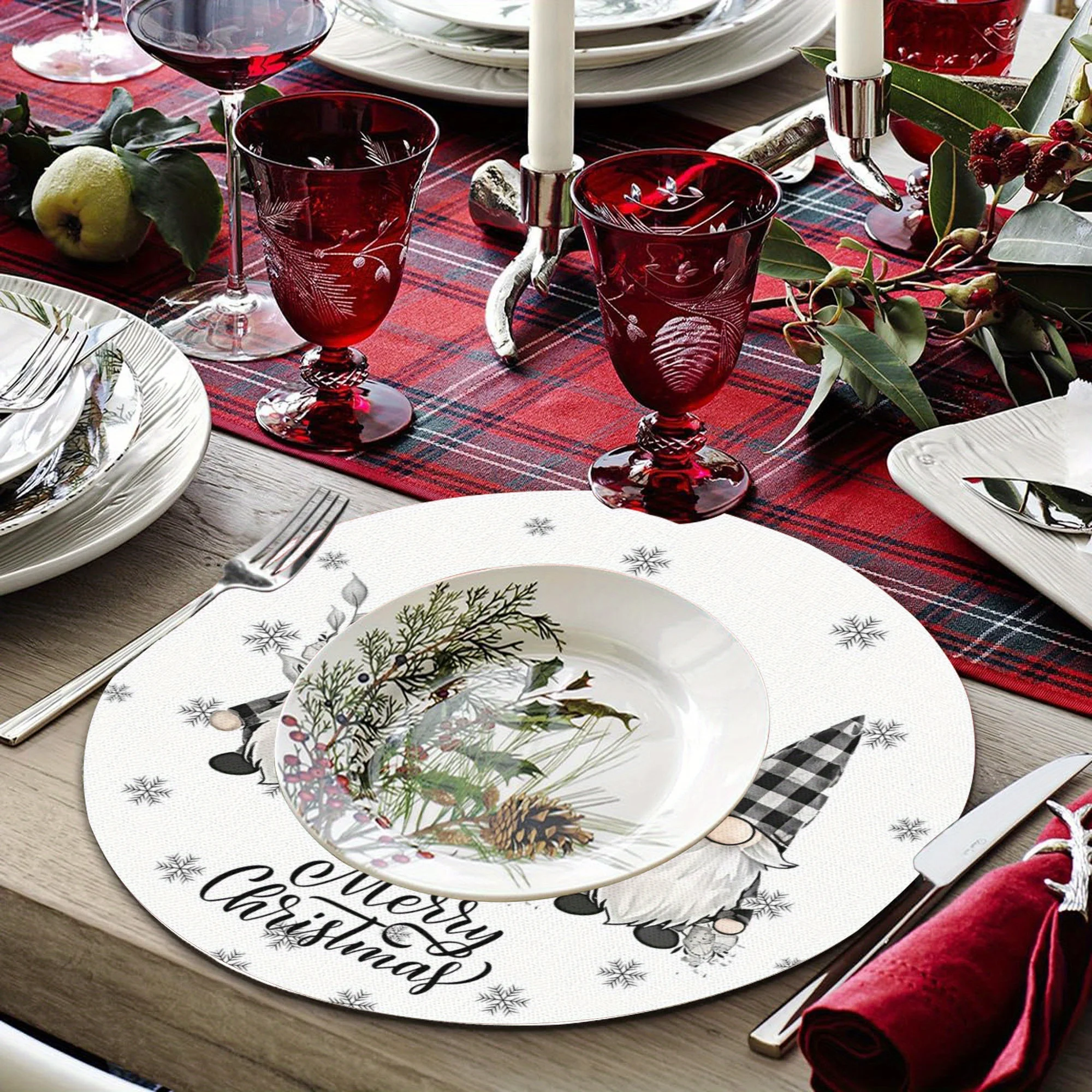 VIKAMA 4/6/8/10pcs Round Christmas Placemats Santa Claus Decorative Placemats Kitchen Coasters Coffee Coasters