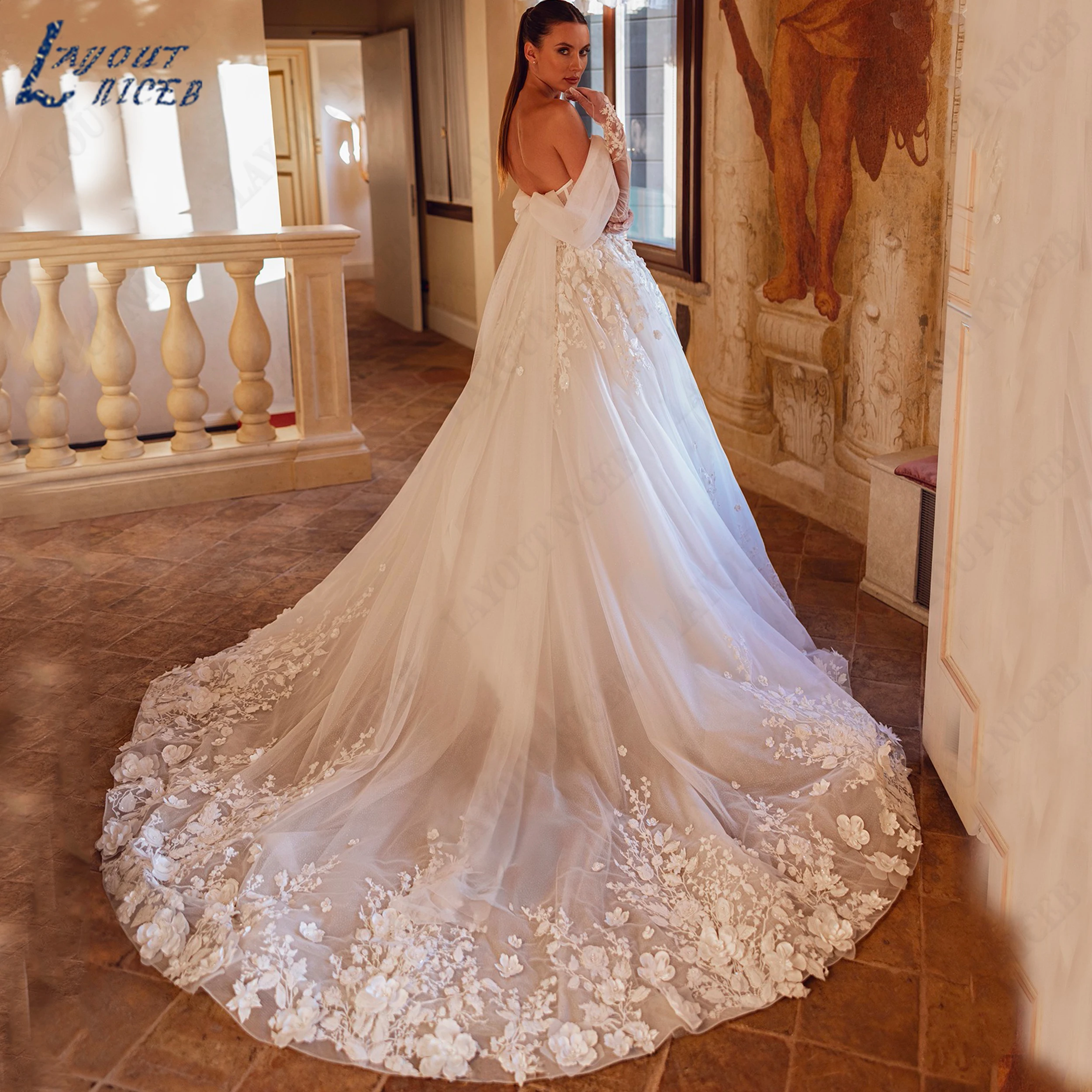 LAYOUT NICEB Customized 3D Floral Appliques Wedding Dress Glitter Tulle Bridal Gown Off The Shoulder Bride Gowns With Sequin