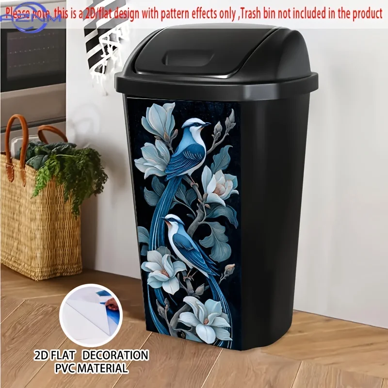 1pc UJoli Self-Adhesive Trash Can - Birds & Magnolia Flowers, Removable PVC Decal Suitable for Walls, Doors,, Peel & Stick App