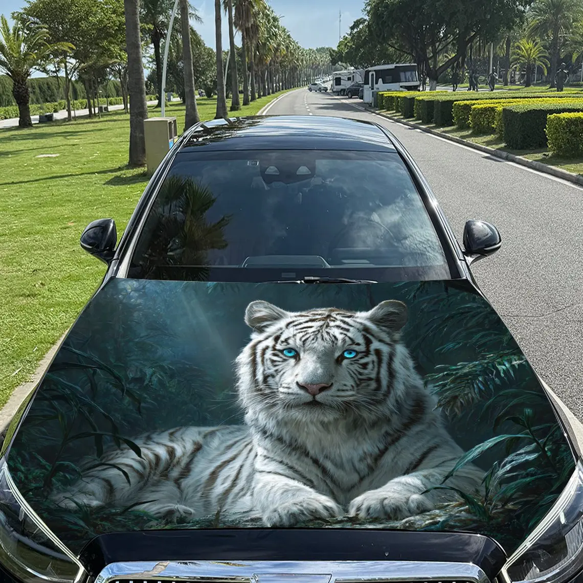 

Car Decals A White Tiger In Enchanting Jungle Scene Close - Up With Lush Greenery And Regal Presence Car Hood Sticker, Waterproo