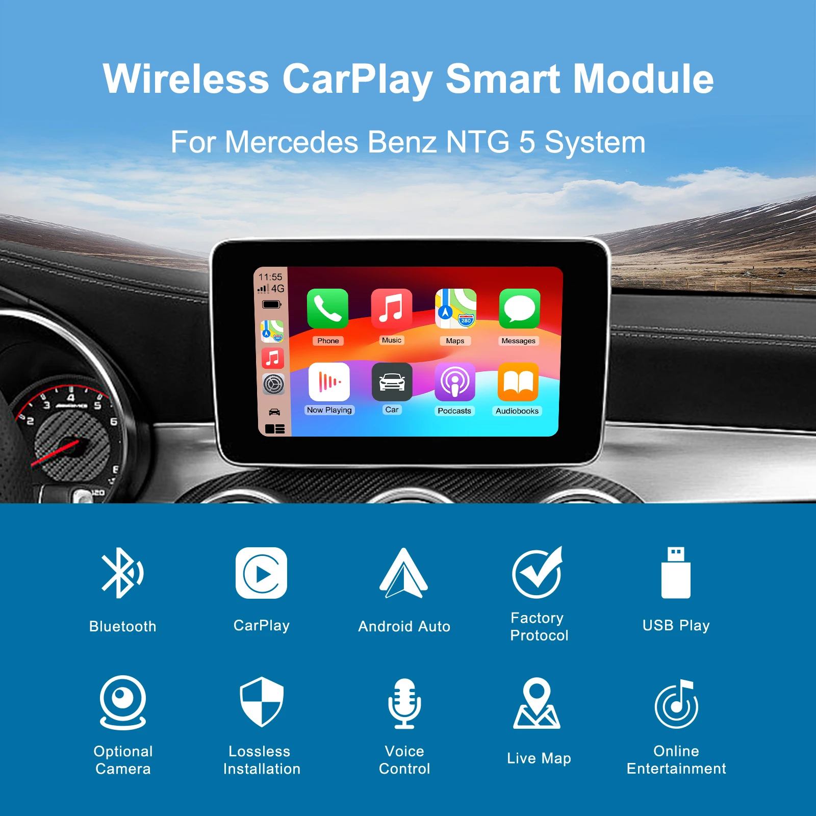 OEM Screen Upgrade Decoder Wireless CarPlay Android Auto Retrofit Kit Box Decoder for Mercedes Benz NTG 5.0 System 2015-2018