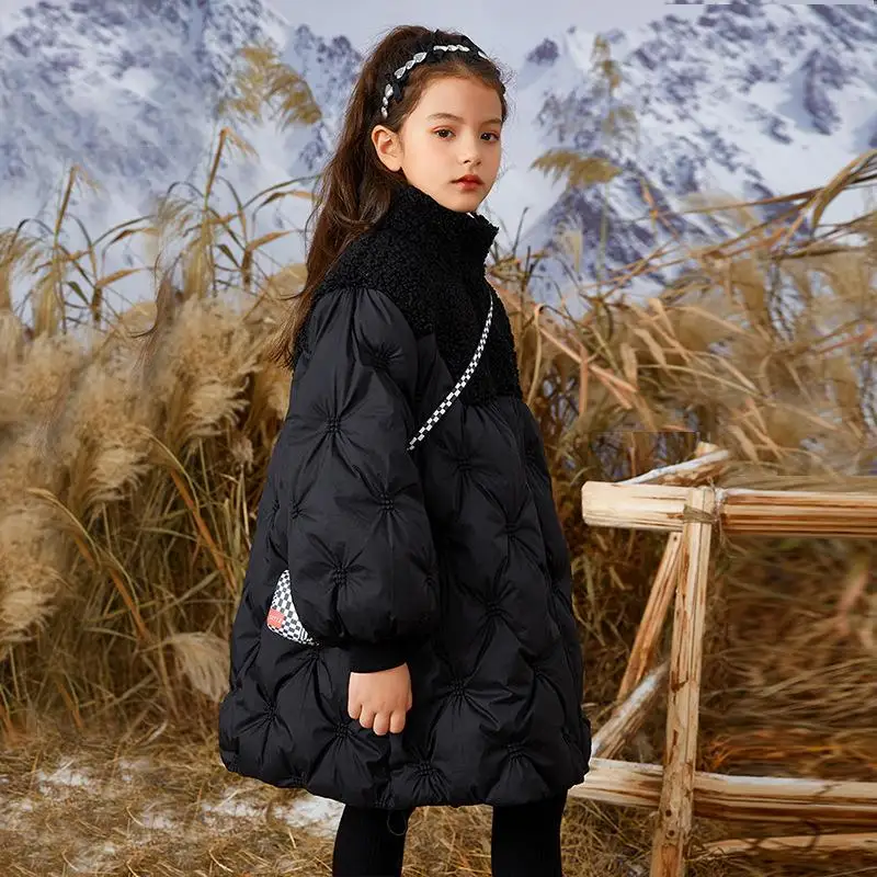 Teenage Girls' Winter New Black High Neck Fashionable Windproof and Warm Party Runway Patchwork Long Cotton Jacket