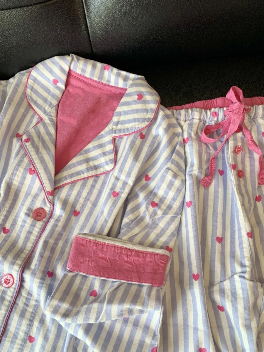 Sweet Style Striped Sleepwear Cardigan Women's Spring Autumn Home Clothes Set Ladies Can Go out Heart Shaped Home Clothes