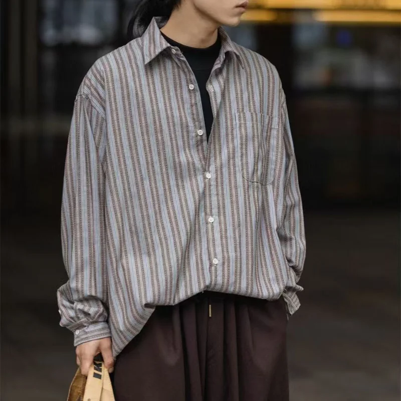 

Vintage Japanese Style Brown Striped Long Sleeve Casual Shirt For Men