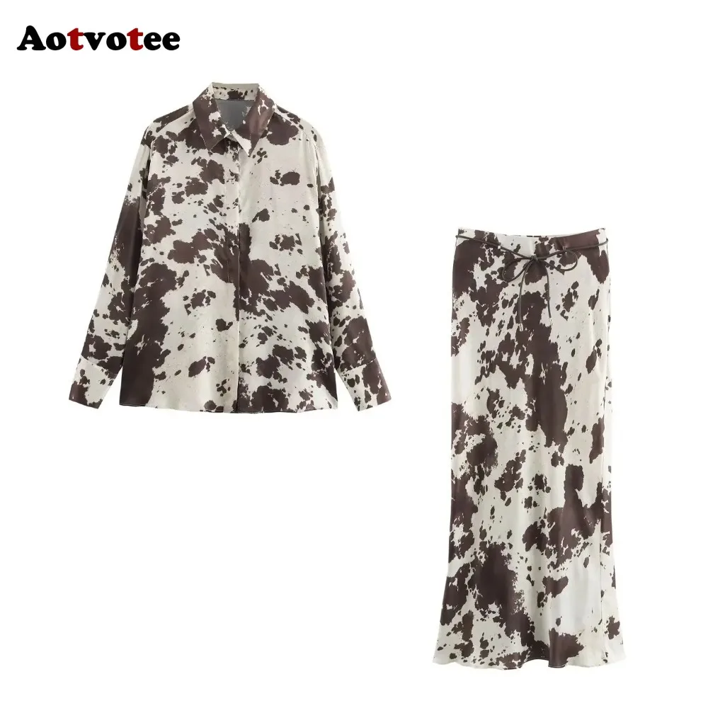 

Aotvotee 2025 Leopard Print 2 Piece Skirt Set Women Button Down Shirts Blouses and Skirt with Belt Ladies Chic Long Skirts