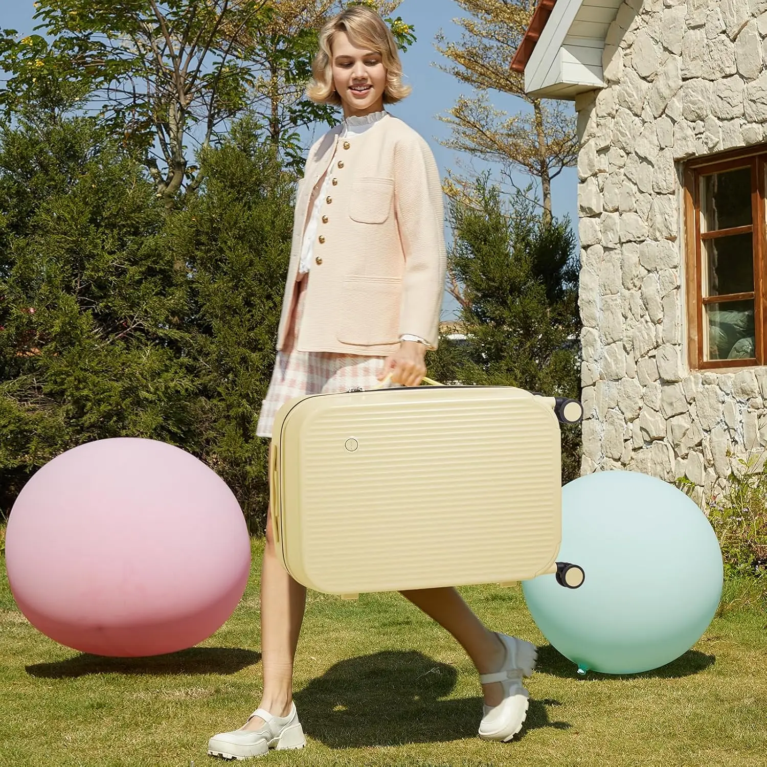 26 Inch Large Checked Luggage PC Hardshell Suitcases with Wheels for Travel Woman Men, Lark Yellow