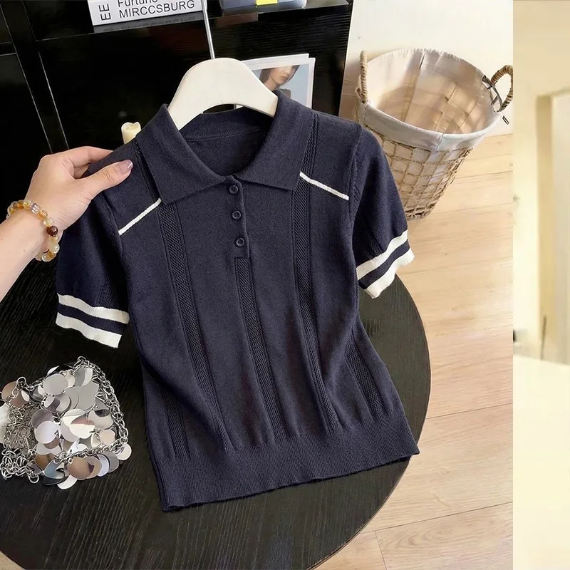 Women's Clothing Cool Silk T-shirt Summer Loose Knit Stripe Short Sleeve Casual Tee Lady Versatile Turn-down Collar Pullover Top