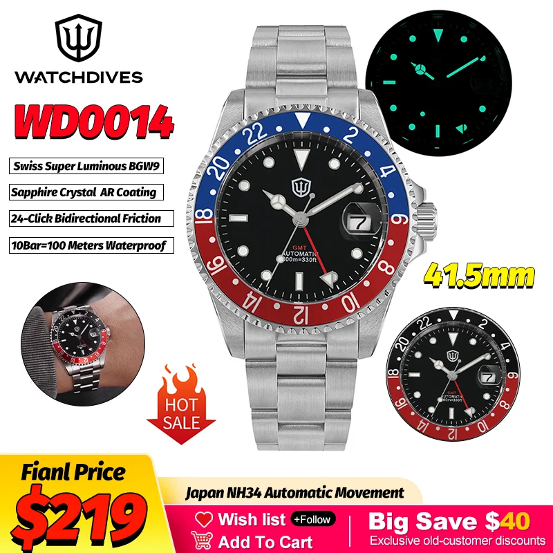 

Мужские механические часы Watchdives WD0014 GMT с 24-кликовым безелем, автоматический механизм NH34, сапфировое стекло, водонепроницаемость 100 м, 41,5 мм, люксовые часы