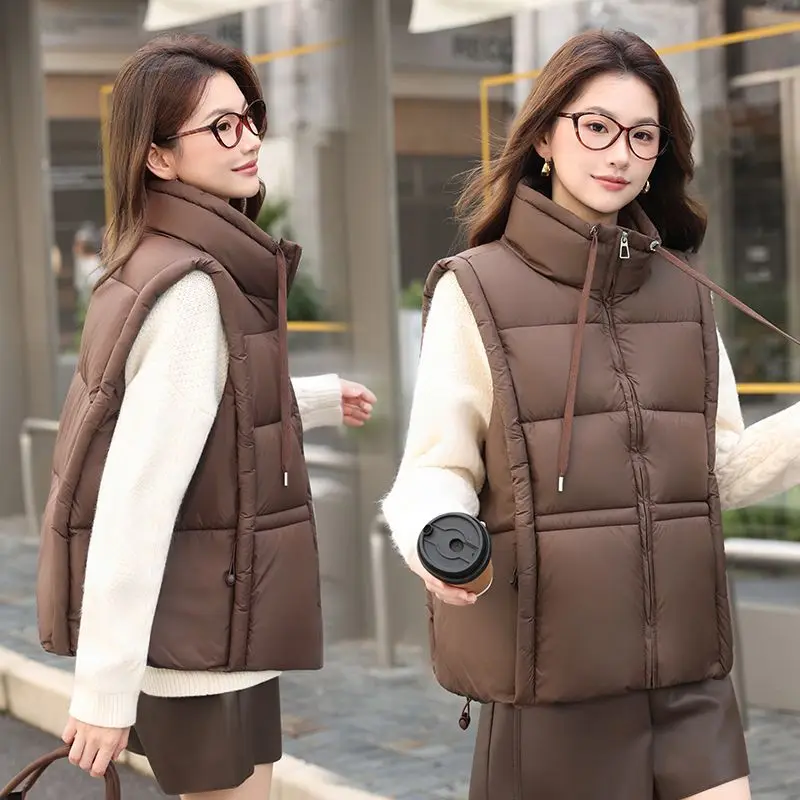 

Autumn Down Vest Jackets New Thin Loose Short Parka Stand Collar Sleeveless Solid Simple Fashion Korean Vests Outwear Female