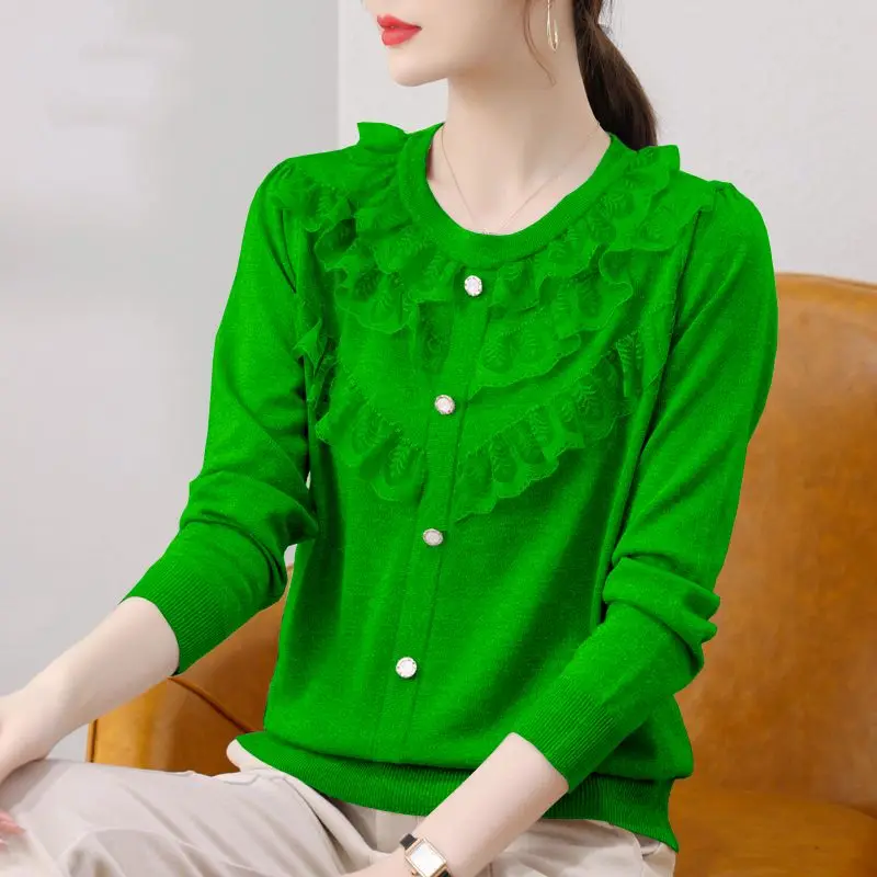 2023 Autumn/Winter New Round Neck Fashion Lace Lace Sweater Korean Loose Pullover Long Sleeve Office Lady Wild Solid Slim Knit